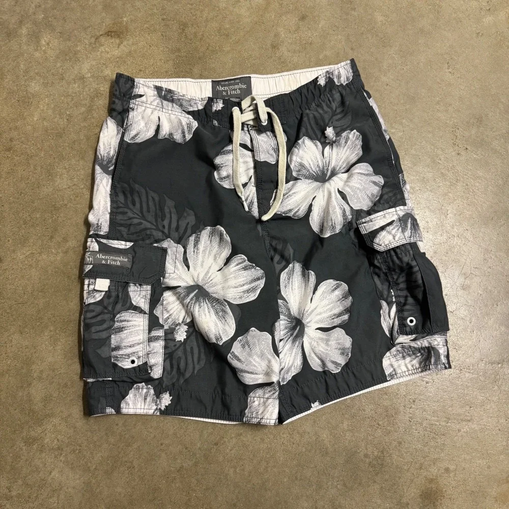 Abercrombie & Fitch Board Shorts Mens L Grey Floral Fair Y2K Hibiscus Cargo